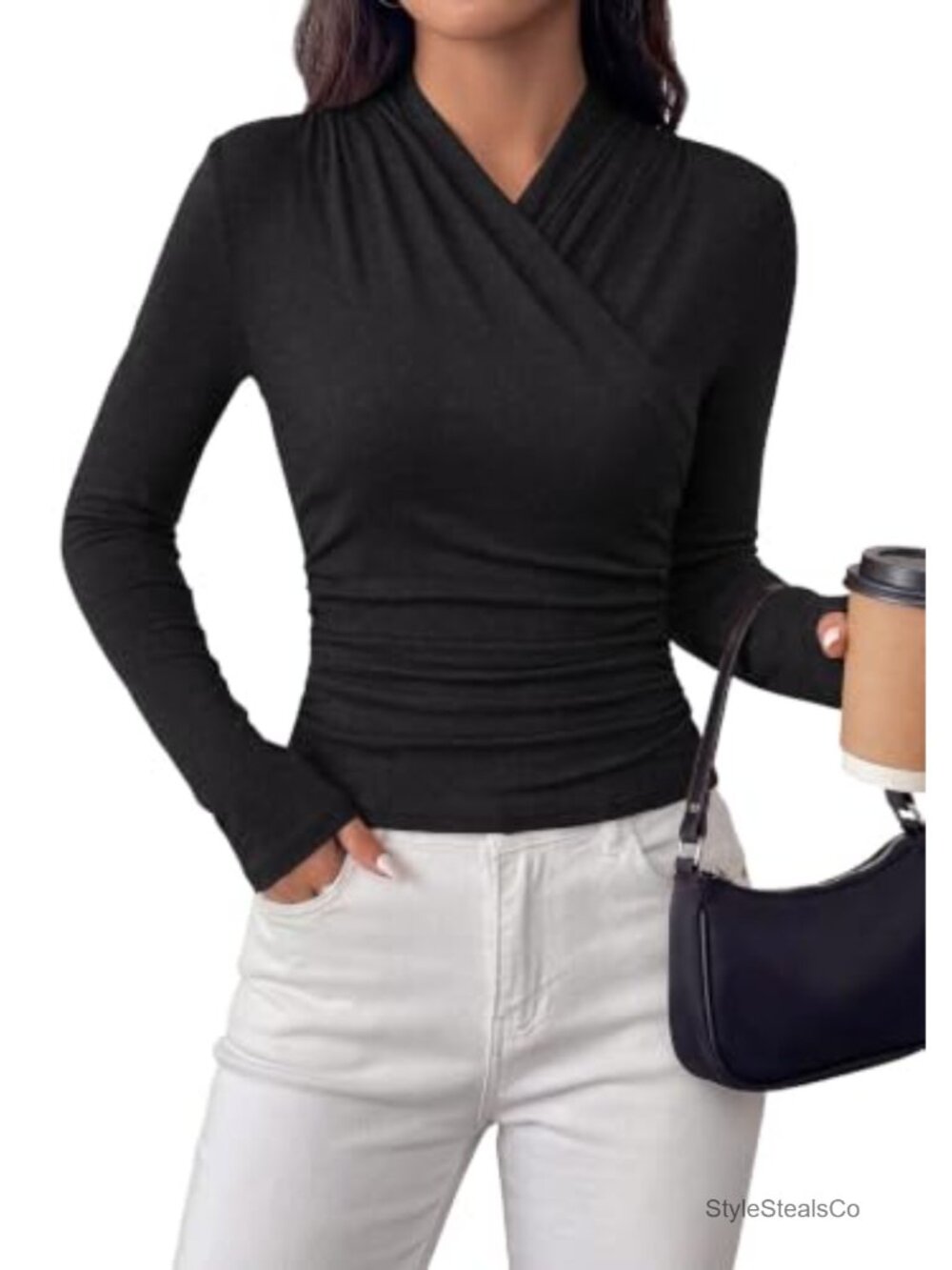 Women's Long Sleeve Wrap Top V-Neck Ruched Business Casual Blouse